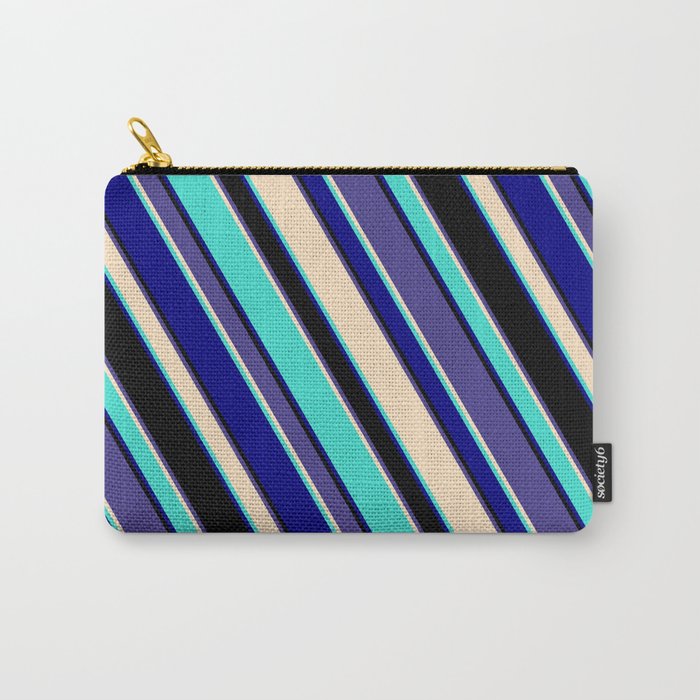Eye-catching Dark Slate Blue, Bisque, Turquoise, Blue, and Black Colored Lined/Striped Pattern Carry-All Pouch
