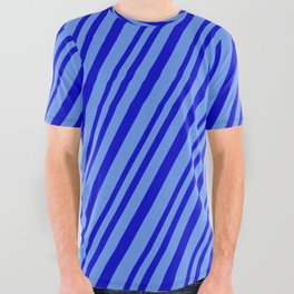 [ Thumbnail: Blue & Cornflower Blue Colored Lined Pattern All Over Graphic Tee ]