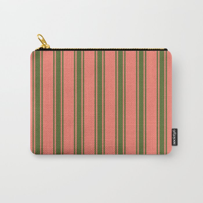 Salmon & Dark Olive Green Colored Stripes Pattern Carry-All Pouch