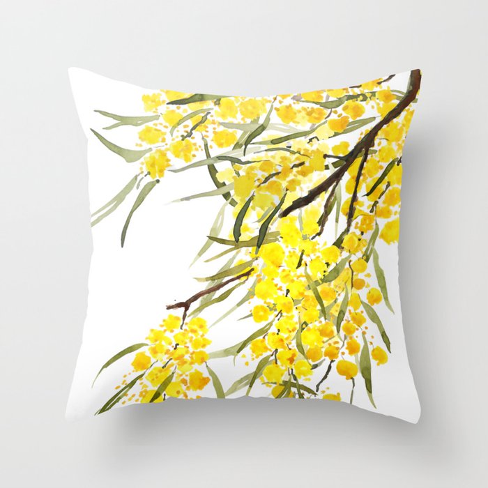 Godlen wattle flower watercolor Throw Pillow