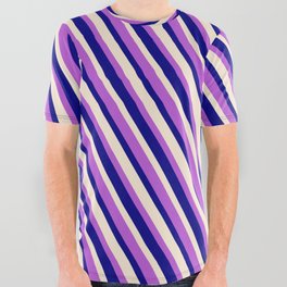[ Thumbnail: Orchid, Blue & Beige Colored Striped Pattern All Over Graphic Tee ]