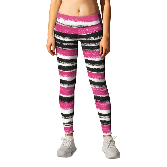 Horizontal pink and black striped pattern - handpainted Leggings