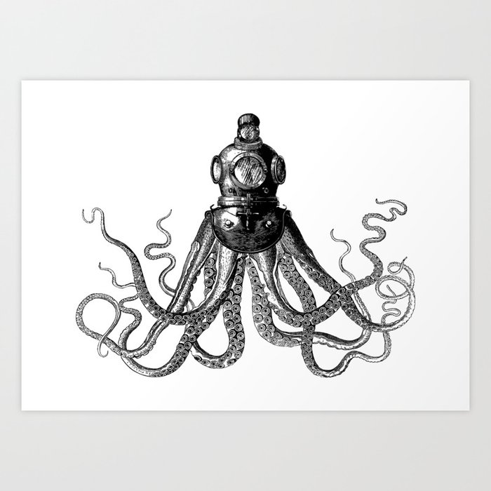 Octopus in Diving Helmet | Deep Sea Divers Helmet | Vintage Octopus | Tentacles | Black and White | Art Print