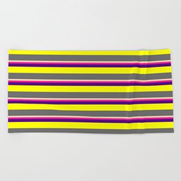 [ Thumbnail: Tan, Deep Pink, Indigo, Yellow, and Dim Gray Colored Striped Pattern Beach Towel ]