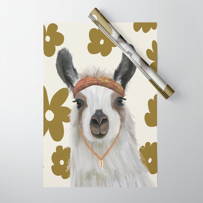 Boho Llama on Retro Flower Pattern Wrapping Paper