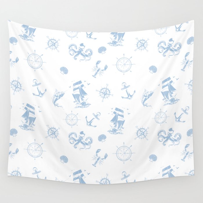 Pale Blue Silhouettes Of Vintage Nautical Pattern Wall Tapestry
