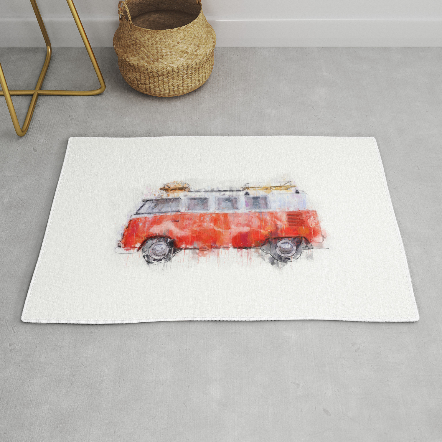 Camper Bus Retro Camping Van Painting Illustration Rug By