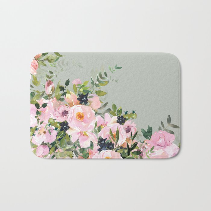 Floral Watercolor, Roses, Green and Pink Bath Mat