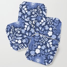 Rose Hip Folk Floral Pattern Blue Coaster