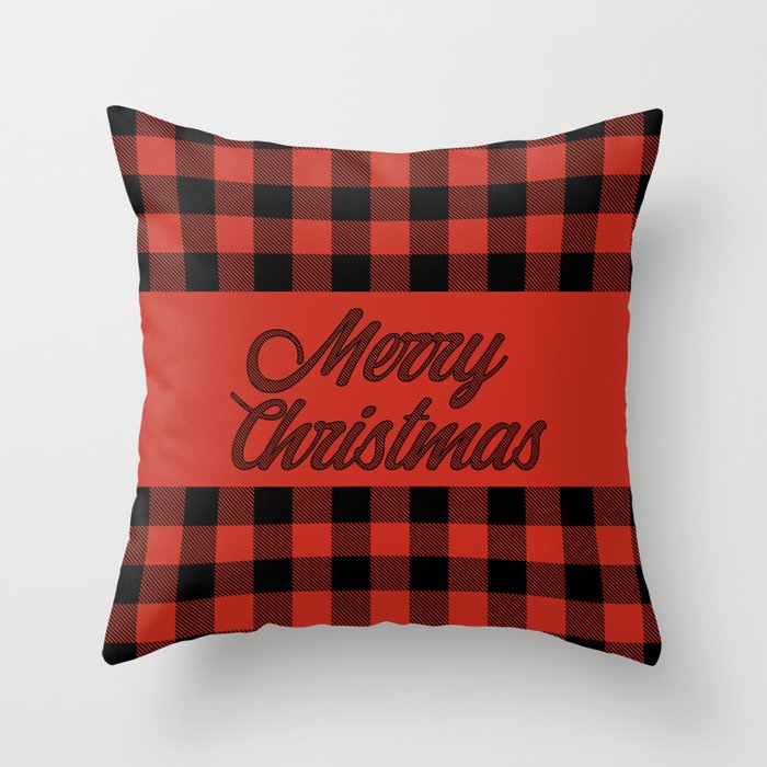 Merry Christmas Red and Black Buffalo Plaid Throw Pillow