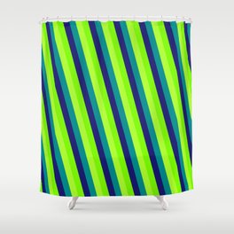 [ Thumbnail: Dark Cyan, Midnight Blue, Green, and Light Green Colored Striped/Lined Pattern Shower Curtain ]