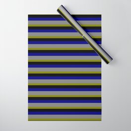 [ Thumbnail: Green, Black, Blue & Gray Colored Lined Pattern Wrapping Paper ]