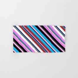 [ Thumbnail: Deep Sky Blue, Brown, White, Violet, and Black Colored Striped/Lined Pattern Hand & Bath Towel ]