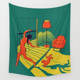 Dancing with the cat | Moody sunset light and shadows Aesthetic Green room Naked dance Femme Fatale  Wall Tapestry