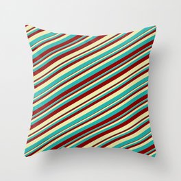 [ Thumbnail: Pale Goldenrod, Light Sea Green, and Dark Red Colored Striped Pattern Throw Pillow ]
