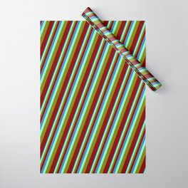 [ Thumbnail: Blue, Aquamarine, Green & Maroon Colored Stripes Pattern Wrapping Paper ]