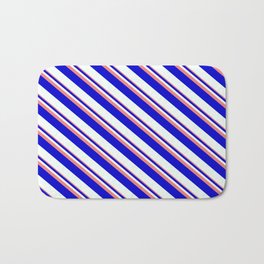 [ Thumbnail: Light Coral, Blue, and Mint Cream Colored Striped Pattern Bath Mat ]