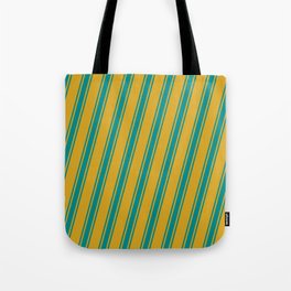 [ Thumbnail: Goldenrod & Dark Cyan Colored Lines Pattern Tote Bag ]