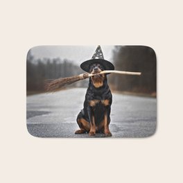Funny Rottweiler Dog Wizard Hat Holding Bath Mat