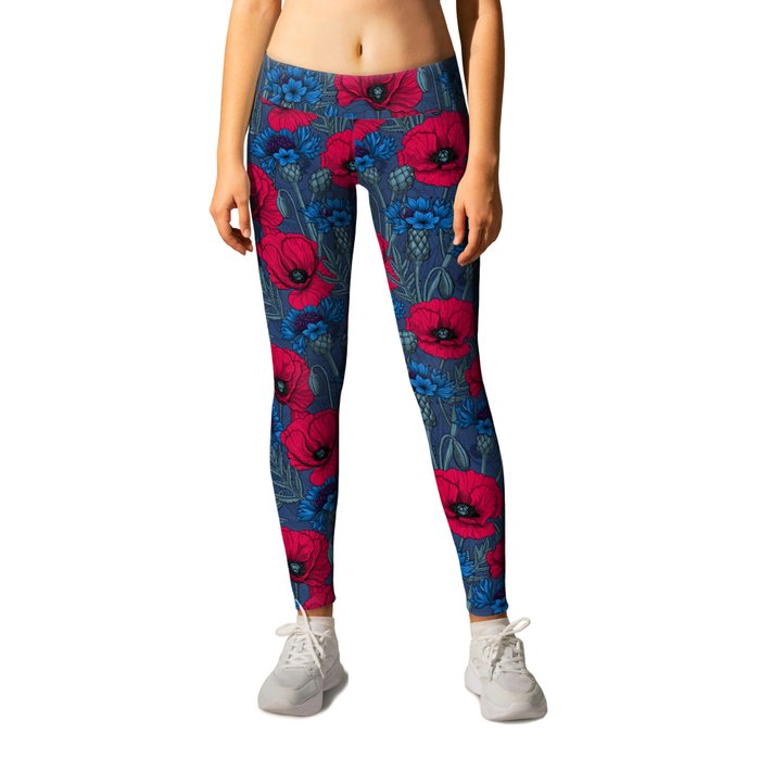 Red poppies and blue cornflowers on blue Leggings