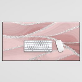 Girly Trend Pink Blush Marble Landscape With Glamour Glitter Desk Mat