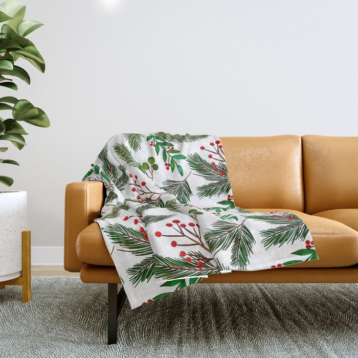 Christmas tree branches and berries pattern Throw Blanket