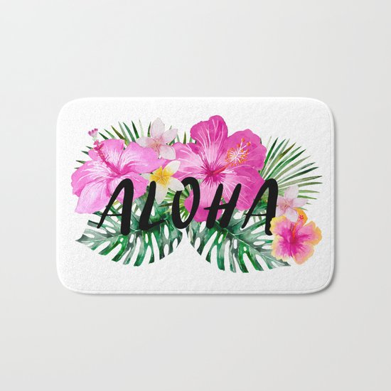 ALOHA - Tropical Flowers, Palm Leaves and Typography Bath Mat