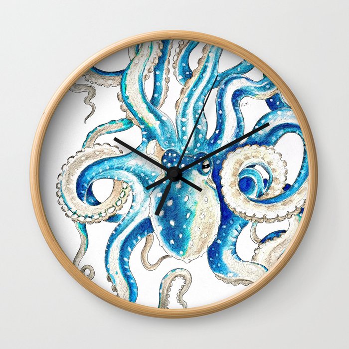 Blue Octopus Crosshatch Watercolor Comic Wall Clock