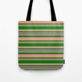 [ Thumbnail: Grey, Dark Salmon & Green Colored Lines Pattern Tote Bag ]