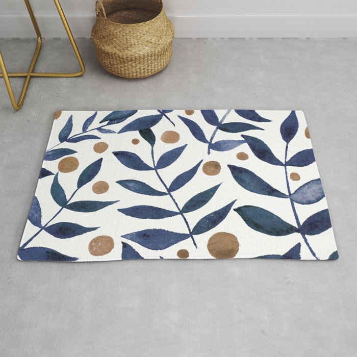 Watercolor berries and branches - indigo and beige Rug
