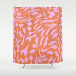 Distorted groovy checks pattern - orange pink jelly Shower Curtain