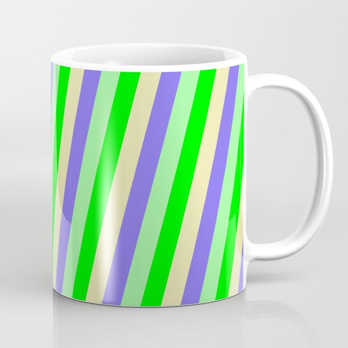 Lime, Pale Goldenrod, Medium Slate Blue, and Green Colored Lined/Striped Pattern Coffee Mug