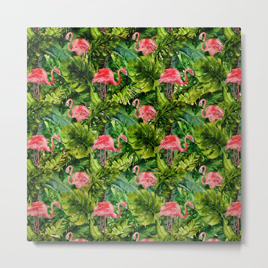 Aloha- Tropical Flamingo Bird and Palm Leaves Garden Metal Print