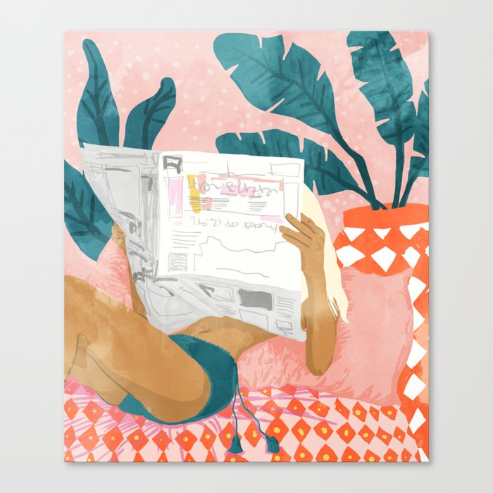 Modern Bohemian Morning Newspaper | Tropical Banana Leaves Palm Watercolor | Boho Woman & Decor Canvas Print