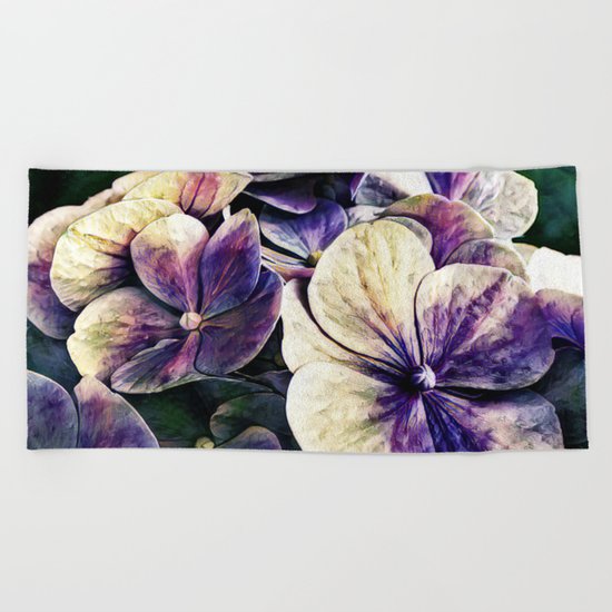 Hortensia flowers in vintage grunge watercoloring style Beach Towel