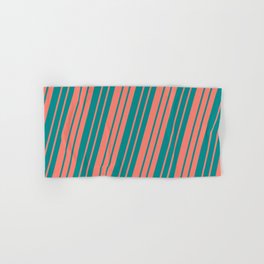 [ Thumbnail: Salmon and Dark Cyan Colored Lined/Striped Pattern Hand & Bath Towel ]