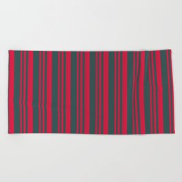 [ Thumbnail: Crimson and Dark Slate Gray Colored Lines Pattern Beach Towel ]