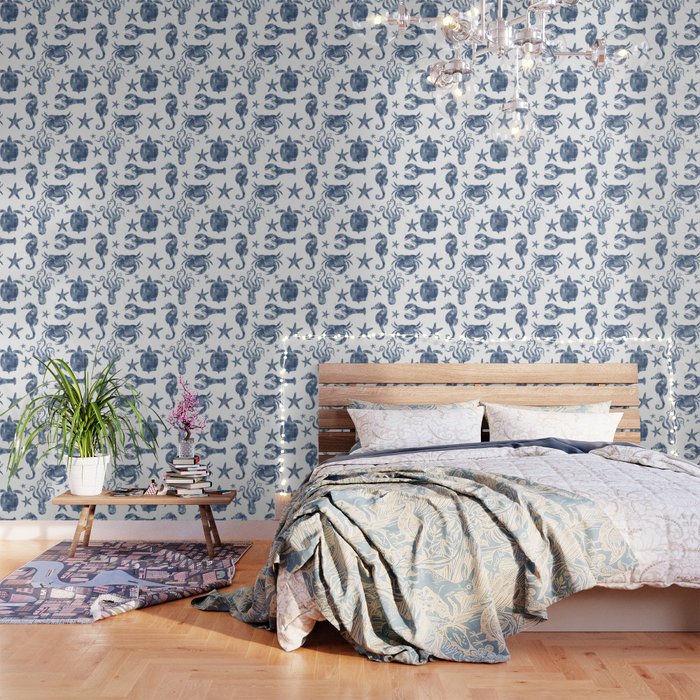 Delft Blue Nautical Marine Life Pattern Coastal Beach Wallpaper By Glimmersmith Society6