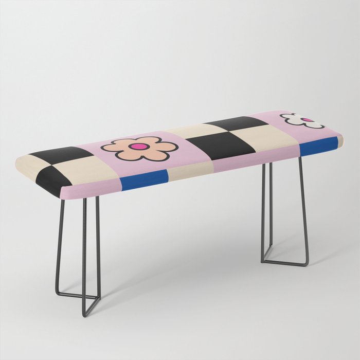 Checkered Flower Retro Colorful Check Pattern Pink And Blue Bench