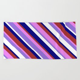 [ Thumbnail: Colorful Blue, Brown, Violet, Purple & White Colored Striped Pattern Beach Towel ]