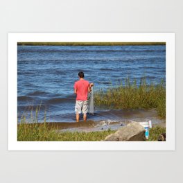 Man Net Casting Art Print | Waves, Shore, Waterscape, Usa, Color, Photo, Net, Food, Bucket, Male 