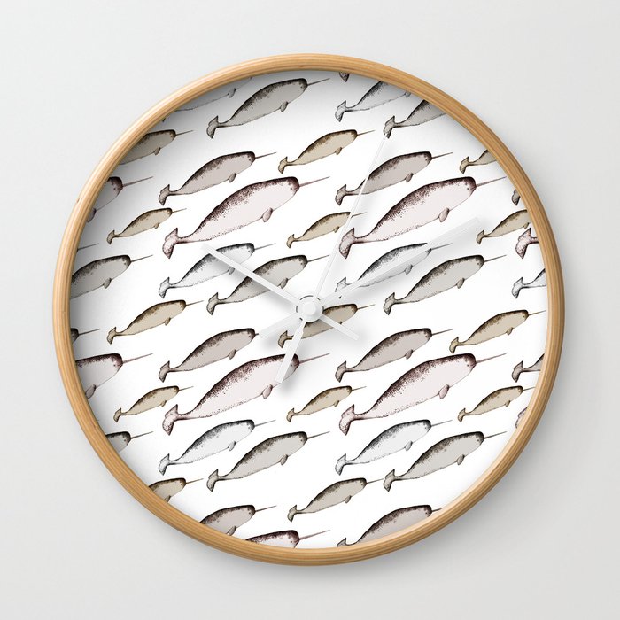 Narwhal Whales - Narwhal Whale Pattern Watercolor Illustration White Wall Clock