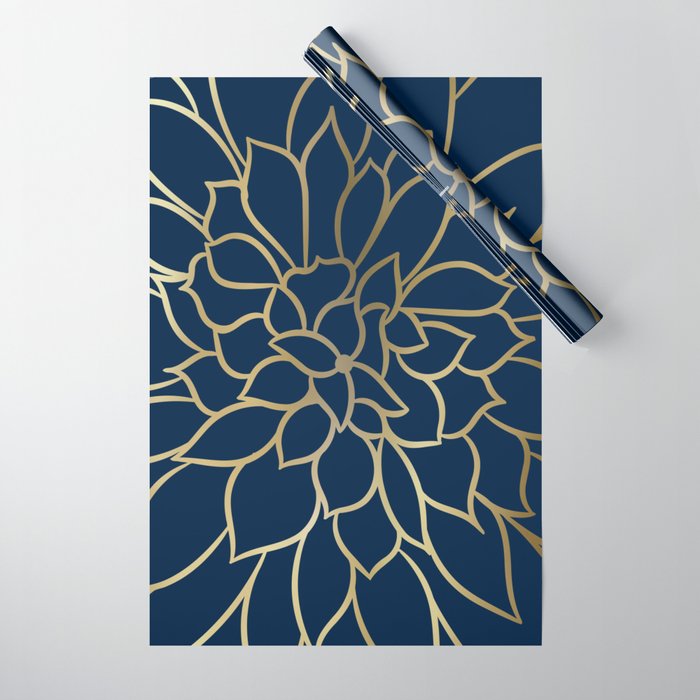 Floral Prints, Line Art, Navy Blue and Gold Wrapping Paper