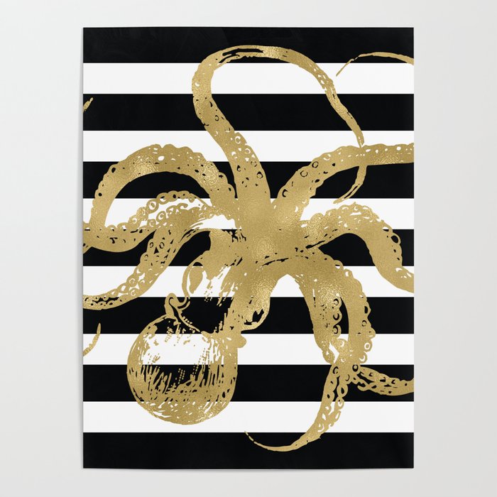 Gold Octopus on Black & White Stripes Poster