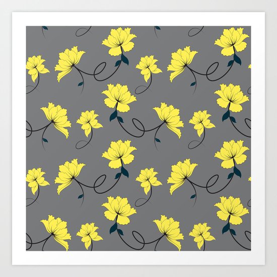 Yellow Flowers on Gray/Grey background, floral pattern Art Print