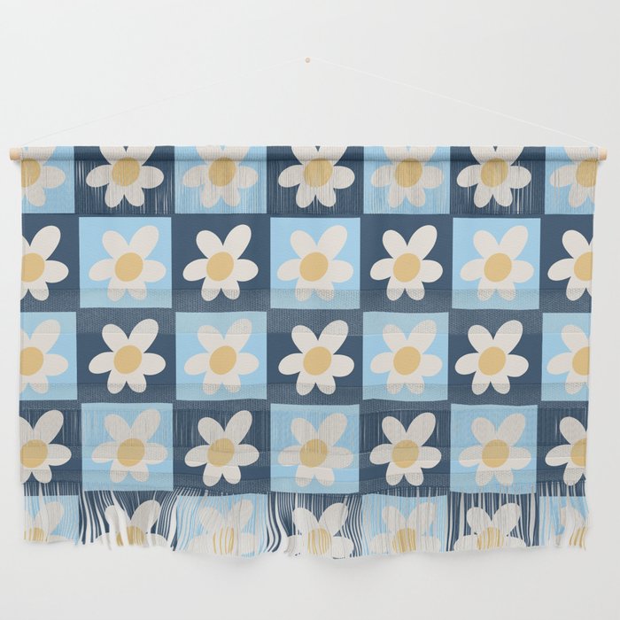 Spring of Retro Daisies - Blue and Dark Navy Wall Hanging
