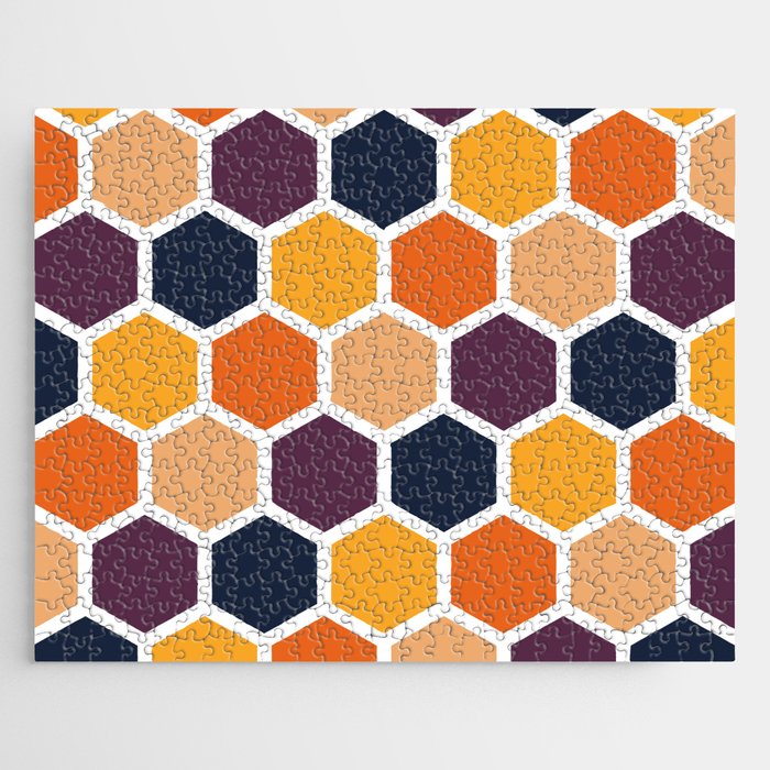 Chocolate, golden rod, dark slate gray, sandy brown hexagon Jigsaw Puzzle