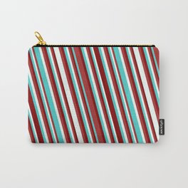 [ Thumbnail: Turquoise, Maroon, Brown & Mint Cream Colored Pattern of Stripes Carry-All Pouch ]