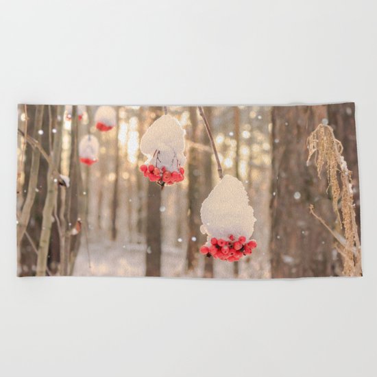 Rowan berries in the snow Beach Towel
