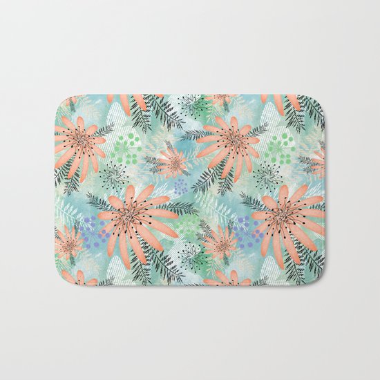 Pink - orange flowers on watercolor background. Bath Mat